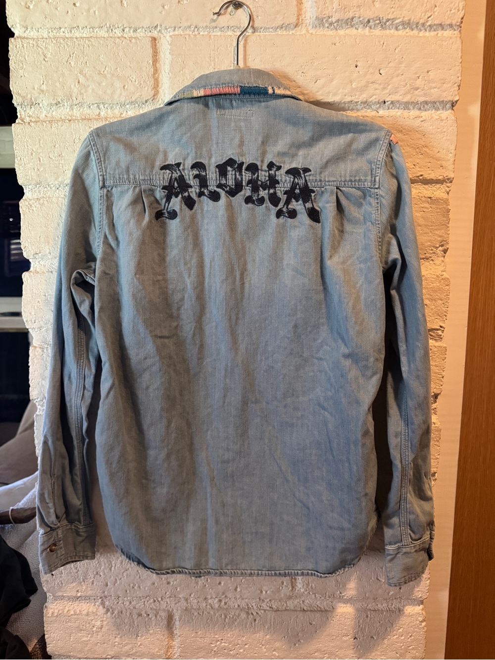 Mother Denim Women's Light Blue Denim Shirt with Aloha Back Embroidery